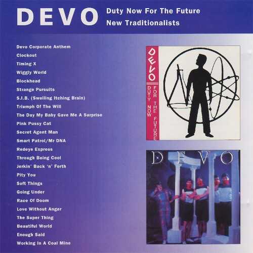 Allmusic album Review : Virgin combined two of Devos early albums, Duty Now for the Future and New Tradtionalists, on one disc in 1994. Most of the aural weirdness on Duty Now for the Future comes from the bands experiments with homemade synthesizer technology. As a result, both the guitars and jerky rhythms play a lesser role in their sound. Although it isnt quite as interesting, its still appropriately strange, and Devo still doesnt sound quite like anyone else. Duty is loosely structured around the theme of everyday corporate drudgery and its effects on individuals. Pegged as a novelty act after the mainstream success of "Whip It" and "Freedom of Choice," Devo apparently decided to emphasize their underlying ideas about American culture as an antidote. From the opening statement of purpose, "Through Being Cool," New Traditionalists presents those views in a more straightforward way, with the unfortunate result that Devo is not nearly as absurdly amusing or interesting. The band often comes off as heavy-handed (pointing out on the otherwise terrific "Beautiful World" that the lyrics are intended to be ironic, just in case you didnt get the rather obvious point), as though they want to make Serious Artistic Statements -- but this isnt how Devos best music works. Furthermore, the bands tendencies toward minimalistic, synth-centered arrangements and melodic deficiencies are much more pronounced here, making the music itself less interesting. New Traditionalists does have some very worthwhile moments, but it is disappointing, and it marks the beginning of the bands decline.