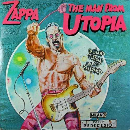 Allmusic album Review : This album presents a mix of studio tracks and altered live recordings from Frank Zappas hard rock period. The tone is definitely less rock-oriented than on Them or Us, only "Stick Together" and "Cocaine Decisions" qualifying as such. The most noticeable trend here is the half-spoken half-sung free-form numbers "The Radio Is Broken," "The Dangerous Kitchen," and "The Jazz Discharge Party Hats." They all feature Zappa performing a written text or improvising one on the spot, speech-singing while the band wallops around, reacting to his words. A few instrumental tunes round out the set, including the superb "Moggio" and "Tink Walks Amok," with Arthur Barrow playing multiple bass parts. The albums title comes from a 50s song, included ("The Man From Utopia Meets Mary Lou [Medley]"), while the cover artwork alludes to an infamous Italian tour in 1982 plagued by mosquitoes and riots. There exists two different CD versions of this album. All reissues of the original 1983 LP in digital format before 1992 present a slightly remixed version. Post-1992 CDs feature an extensive remix, the track list has been modified, a bonus track added ("Luigi & The Wise Guys"), and different drum tracks recorded in the mid-80s by Chad Wackerman have replaced the original live ones in "The Dangerous Kitchen" and "The Jazz Discharge Party Hats." Despite of these changes, The Man From Utopia retains the cold digital sound of Zappas albums around this time but is more varied and engaging than Them or Us.