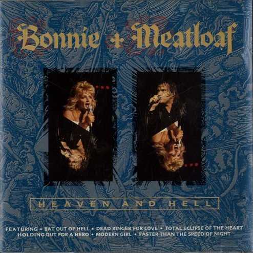 Allmusic album Review : This is a rather pointless collection of tunes written (mostly) by Jim Steinman performed alternately by Meat Loaf and Bonnie Tyler. This sampler is one of those CDs that seemed like a good idea at the time (1993). Tyler had scored her big hits by that time, and Meat Loaf hadnt quite lit up the boards with Bat out of Hell II in the year this was issued. Steinman is the thread that holds this set together, full of bombast, excess, and rock & roll theater. Tylers "Its a Heartache" is not here, but "Total Eclipse of the Heart," "Holdin out for a Hero," "Faster Than the Speed of Night," "If You Were a Woman and I Was a Man," and "Straight for the Heart," as well as a hit cover of John Fogertys "Have You Ever Seen the Rain." Meat Loafs "Bat out Of Hell," "Two out of Three Aint Bad," "You Took the Words Right out of My Mouth," "Heaven Can Wait," and "Dead Ringer for Love," "If You Really Want To" and "Read Em & Weep." The strange uniformity of the production and dated 80s drum and bass sounds, huge choruses, as well as Steinmans trademark Liberace-cum-Jerry Lee Lewis piano arrangements drench everything here. There is great gauche charm in this kind of Phil Spector-ish excess, and to give Steinman his full due, his songs, as gaudy and wordy as they are, are still brilliantly composed -- and in Meat Loafs case at least, wonderfully sung as well. heaven_hell