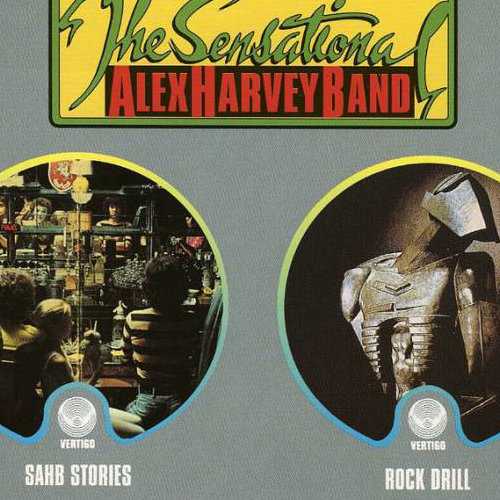 Allmusic album Review : Completing the two-fer reissues of the Sensational Alex Harvey Bands 1970s LP catalog, this final package brings together the bands final, dying breaths. Cut less than a year after "Delilah" finally broke the band into the U.K. pop mainstream, SAHB Stories is the strongest of the pair; indeed, at its greatest, it shines alongside the very best of the bands past. The closing "Dogs of War," is a bombastically overwrought examination of the mercenary mindset, while the twisted history of "Boston Tea Party" -- quite likely the only U.K. hit to mention George Washingtons wooden teeth -- is set to a pounding tomahawk guitar riff, and an extraordinarily contagious chorus. A positively spellbinding interpretation of Jerry Reeds "Amos Moses," meanwhile, drops the listener head first into the Louisiana bayou, hunting alligators and police chiefs alike. Rock Drill, on the other hand, was recorded almost two years later, with the bands career and momentum alike having been irreparably hamstrung first by Harveys illness and "retirement"; then by the rise of punk rock, to file the group firmly into the box marked "has-beens." It was precisely the kind of challenge Harvey ordinarily relished, but he was tired and still unwell; the comeback came a few months too soon, and the songwriting came slowly. "Mrs Blackhouse," a single during 1977, was only half the song it might once have been, and too much of Rock Drill leans towards the lumpen, unimaginative rock stodge that his bandmates cut (as S.A.H.B. Without Alex during his absence. Only one track, the seriously odd "Water Beastie," truly hinted at the deranged variety and complexity that had hallmarked past SAHB albums and its revealing that, 25 years on, Harveys Considering the Situation anthology considered that song alone worth excerpting from Rock Drill. In truth, the album is not quite that dispensable. But it does come close.